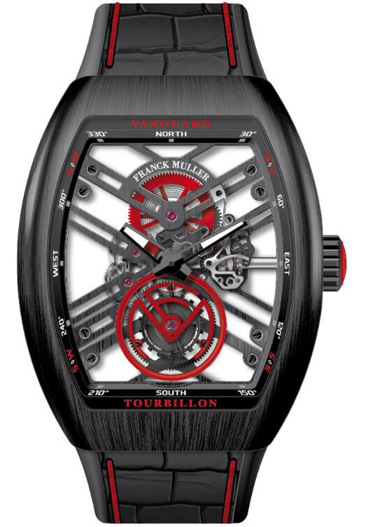 Best FRANCK MULLER Vanguard Tourbillon Skeleton Brushed Black Titanium - Red V 45 T SQT (ER) (BR NR TT) (NR.BLC RGE) Replica Watch